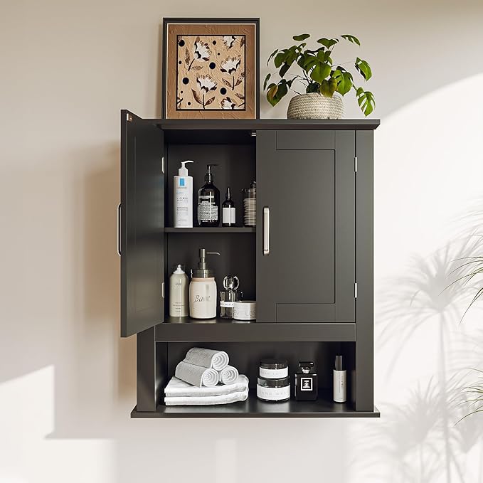 VINGLI Bathroom Wall Cabinet, Black Medicine Cabinet with Open Shelf & 2 Doors, Adjustable Hanging Storage Organizer Over Toilet, Wooden Cupboard for Kitchen Laundry Room Entryway