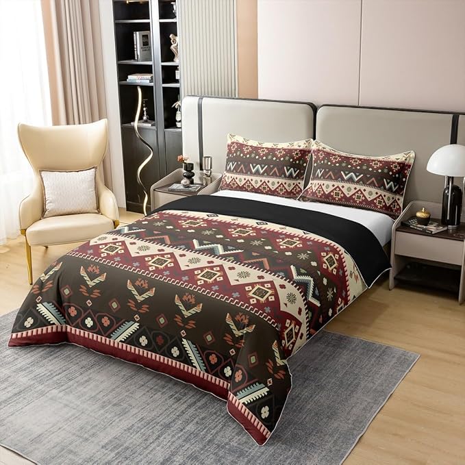 100 Percent Cotton Rustic Duvet Cover Twin Southwestern Bedding Set Aztec Tribal Native American Comforter Cover Red Green Abstract Geometric Tribal Bedroom Decor Ethnic Grid Lattice Quilt Cover