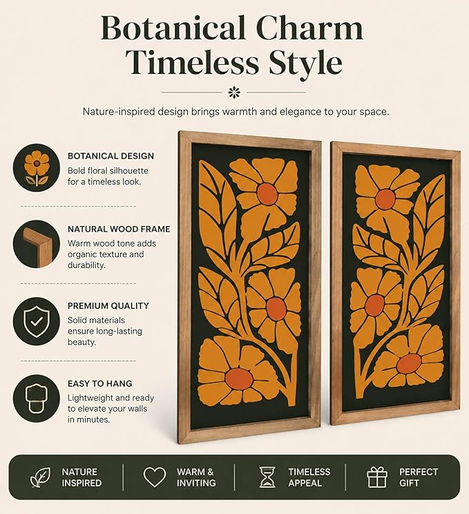 pechpell 2pcs Mid Century Modern Wall Decor, 15.7x7.9in Wooden Floral Mcm Abstract Wall Art, Orange Flower Prints Pictures Rustic Bedroom Bathroom Living Room Gallery Decorations For Home