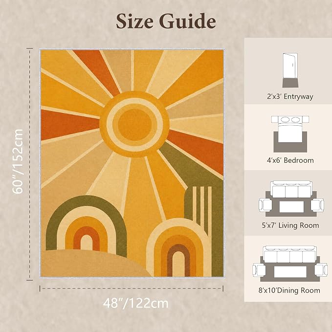 Golden Sunburst Area Rug 4x5, Mid Century Modern Retro Geometric Rug, 70s Style Abstract Washable Low Pile Non Slip Rug for Living Room Bedroom