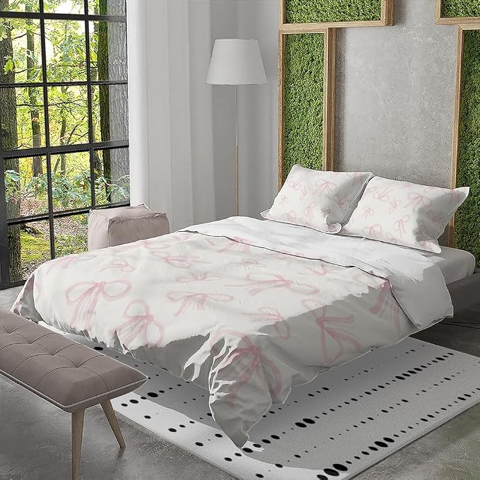 Trendy Pink Bows Duvet Cover Queen Size Coquette Girly Bedding Set Bowknot Bed Cover Dreamy Princess Style Kids Girls Soft Bed Cover for Women Funky Preppy Teen Girl Room Decor 88"x88"