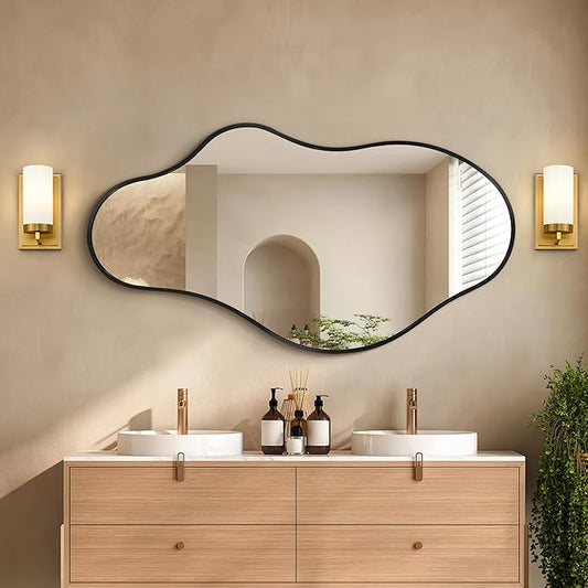 Irregular Wall Mirror, 24"x43" Black Abstract Asymmetrical Mirrors for Wall, Decorative Cloud Wavy Mirror for Bathroom, Bedroom, Cloakroom, Entryway, Shatter-Proof Aluminum Alloy Frame