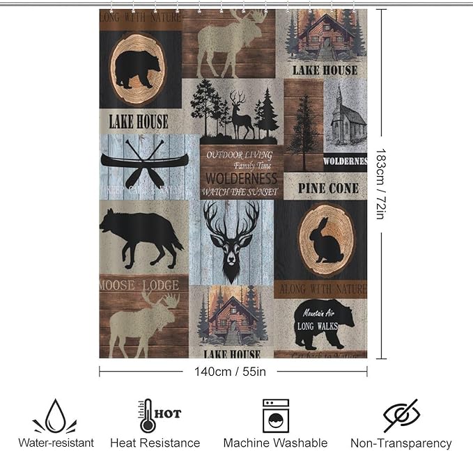 Rustic Cabin Shower Curtain Bear Deer Forest Wildlife Country Lodge Hunting Camping Animal Farmhouse Vintage Waterproof Shower Curtains for Bathroom Decor 12 Pack Hooks 55x72in（140x183cm）