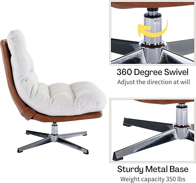 Swivel Accent Chair with Ottoman, Mid Century Modern Linen Lounge Chair with footrest, Comfy Oversized Armchair with 360 Degree Metal Base for Living Room/Bedroom, Cream