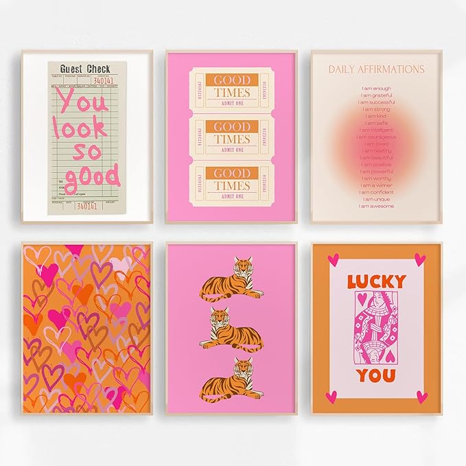 Preppy Wall Art Pink Orange Wall Decor Trendy Canvas Wall Art Aesthetic Pictures Girl Posters Inspirational Daily Affirmation Prints Lucky You Artwork Set of 6 for Dorm Room 8x10 Inch Unframed