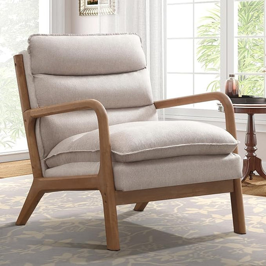 Mid Century Modern Accent Chair, Upholstered Lounge Armchair with Plump Back Pillow, Comfy Reading Chair with Solid Wood Frame for Bedroom Living Room (1, Beige)