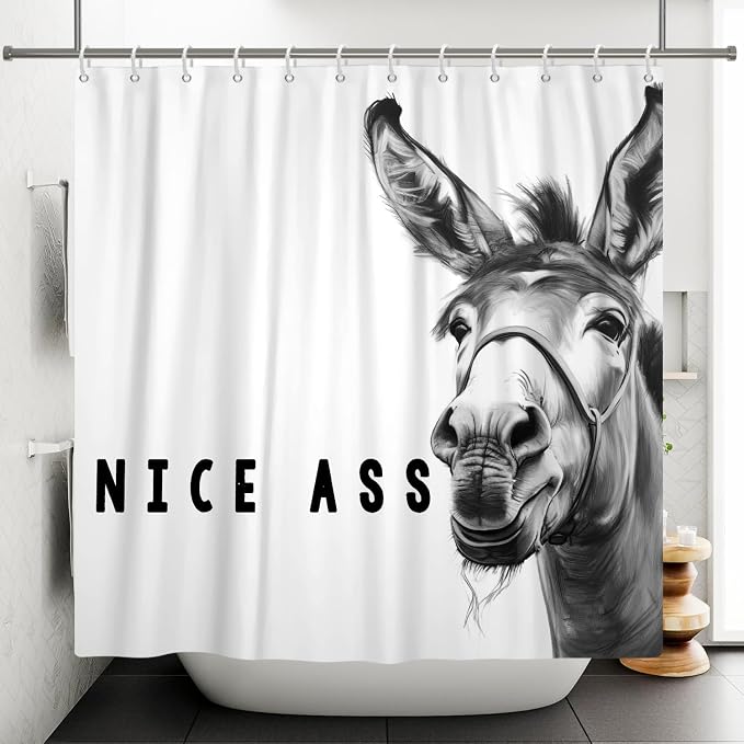 Funny Donkey Shower Curtains Joke Hilarious Animal Bathroom Curtain Rustic Farmhouse Cute Donkey White Shower Curtain Sets for Bathroom Extra Long 72x84 in with 12 Hooks