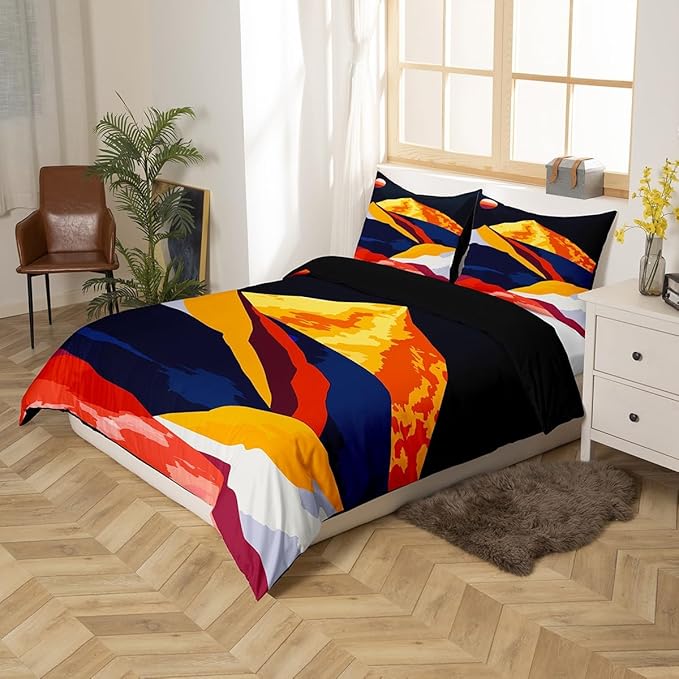 Erosebridal Mid Century Comforter Cover Boho Sunset Duvet Cover Nature Abstract Bedding Set King Black Gold Gray Bed Set Watercolor Mountain Quilt Cover Geometric Bedroom Decor 3pcs