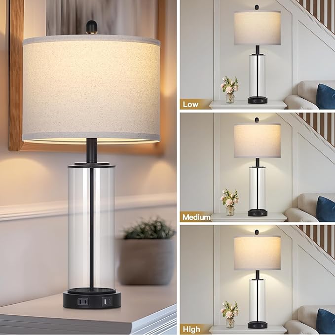 Ruzectt 26" Glass Table Lamp Single, 3-Way Dimmable Touch Control Living Room Lamp with USB C+A Ports & AC Outlet, Modern Bedside Lamps, Bedroom Lamps for Nightstand Side End Table Desk, Black-1PK