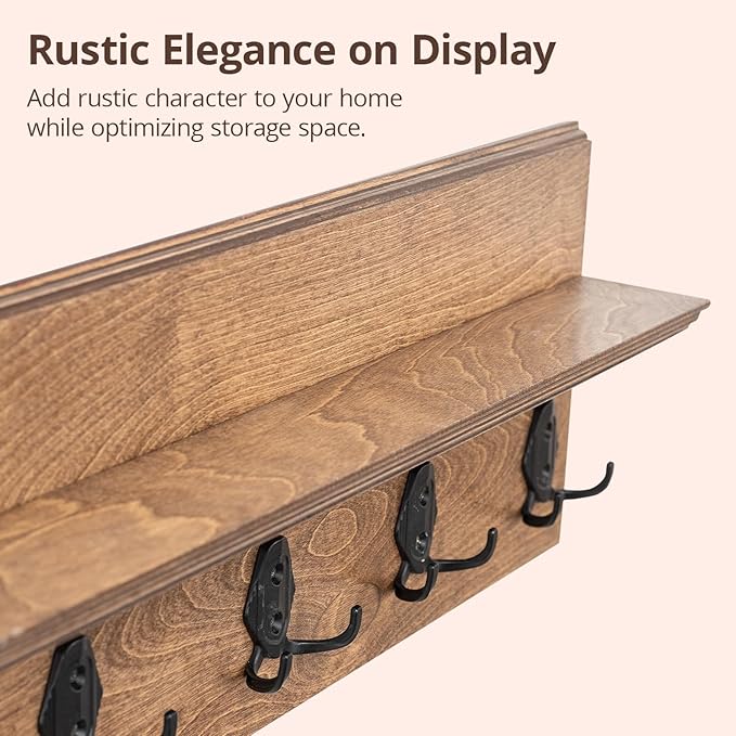 Rustic Wall Mounted Coat Rack with Shelf Wooden Entryway Organizer with 5 Metal Hooks for Coats Hats Towels Keys Floating Storage Shelf for Bathroom Bedroom (Walnut, 20 inch (4 Hooks))