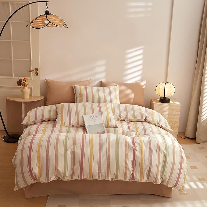 mixinni Vintage Striped Duvet Cover Set Queen, 3-Piece Washed Cotton Bedding Set - Soft, Breathable & Colorful Marble Stripe Pattern, All-Season Comforter Cover with Zipper-Queen Size