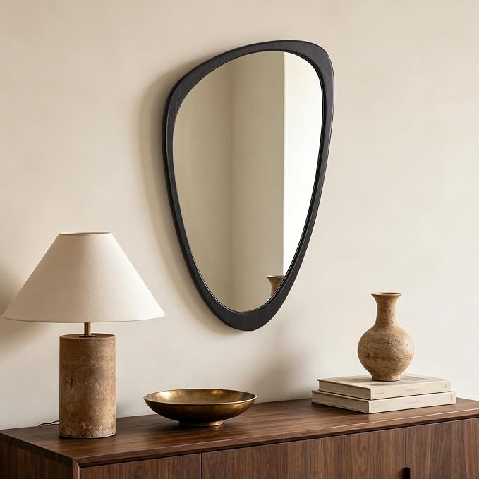 HOMECOOKIN 30" H x 19" W Asymmetrical Mirror, Irregular Wooden Wall Mirror for Bedroom, Living Room,Entryway– Mid-Century Modern Decorative Mirror, Solid Wood Frame, Pebble Shaped Design (Dark Brown)