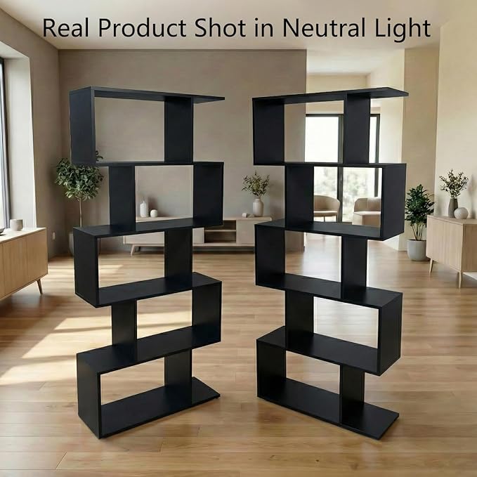 5-Tier Geometric Bookcase (Set of 2), 62.6" Tall S-Shaped Bookshelf & Room Divider, Modern Black Freestanding Display Shelving Unit for Living Room, Hallway, Home Office