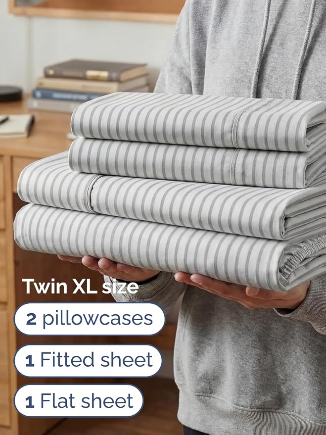 Extra Deep Twin XL Sheet Set - 4 Piece College Dorm Bed Sheets Set with Extra Deep Pockets - Ultra-Soft, Comfy & Breathable Bedding for Women, Men, Kids & Teens - Wrinkle & Fade Free - Grey Stripes 2