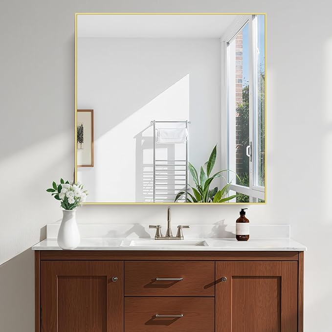 KOCUUY Gold Bathroom Mirror, 42"x42" Square Bathroom Mirror for Wall, HD Tempered Glass, Anti-Rust Frame, Modern Design for Bathroom, Bedroom, Living Room, Entryway