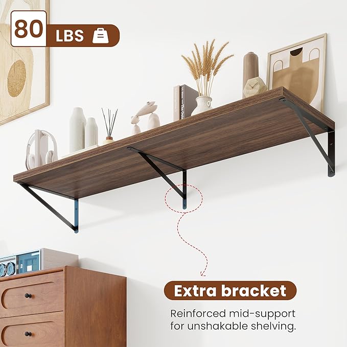 Deep Wall Shelves 55"W x 12"D Engineered Wood Floating Shelves for Wall, Sturdy Metal Bracket Bookshelves Home Decor Storage for Living Room Bedroom Bathroom Kitchen, Set of 2, Walnut Finish