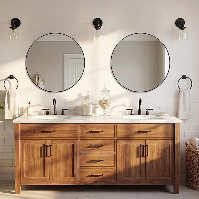 ANDY STAR Black Round Mirror Bathroom Mirrors, 28 Inch Vanity Mirror with Rust-Poof SUS304 Frame, Matte Black Mirror for Living Room, Powder Room, Entryway