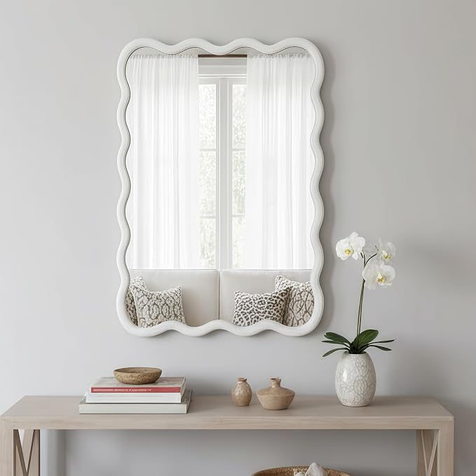 36x24 Inch Wooden Wavy Rectangle Wall Mirror, Modern Solid Wood Frame Decorative Accent Mirror for Bedroom, Bathroom, Living Room, Entryway, White