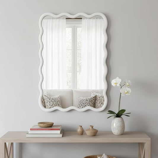 36x24 Inch Wooden Wavy Rectangle Wall Mirror, Modern Solid Wood Frame Decorative Accent Mirror for Bedroom, Bathroom, Living Room, Entryway, White