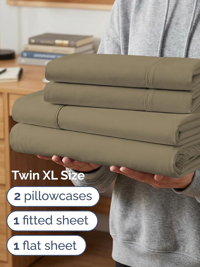 Extra Deep Twin XL Sheet Set - 4 Piece College Dorm Bed Sheets Set with Extra Deep Pockets - Ultra-Soft, Comfy & Breathable Bedding for Women, Men, Kids & Teens - Wrinkle Free & Fade Resistant - Khaki