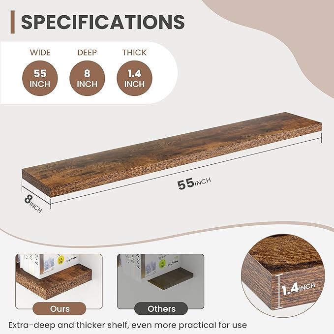 55 Inch Floating Shelves, 8 Inch Deep Floating Shelves for Wall, Hanging Shelf with Invisible Brackets, Deep Shelves for Bathroom, Bedroom, Living Room, Brown, Set of 2