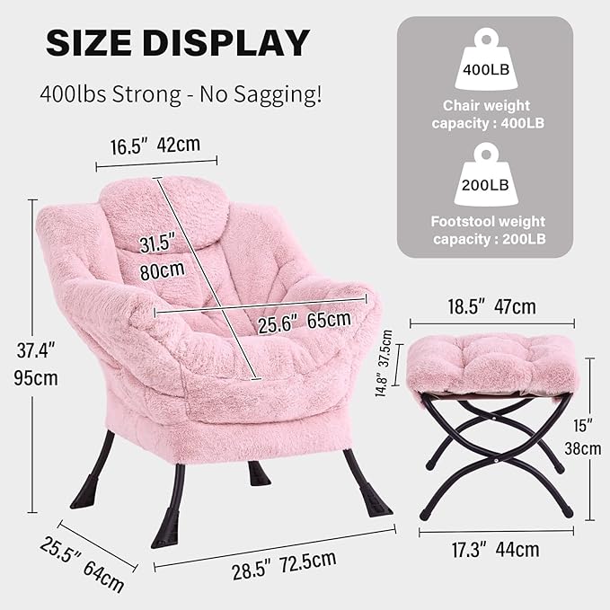 Tiita Lazy Chair with Ottoman, Pink Modern Large Accent Chair, Comfy Leisure Sofa Armchair with Ottoman, Reading Chair with Footrest for Bedroom, Living Room, Dorm Rooms, Plush Pink