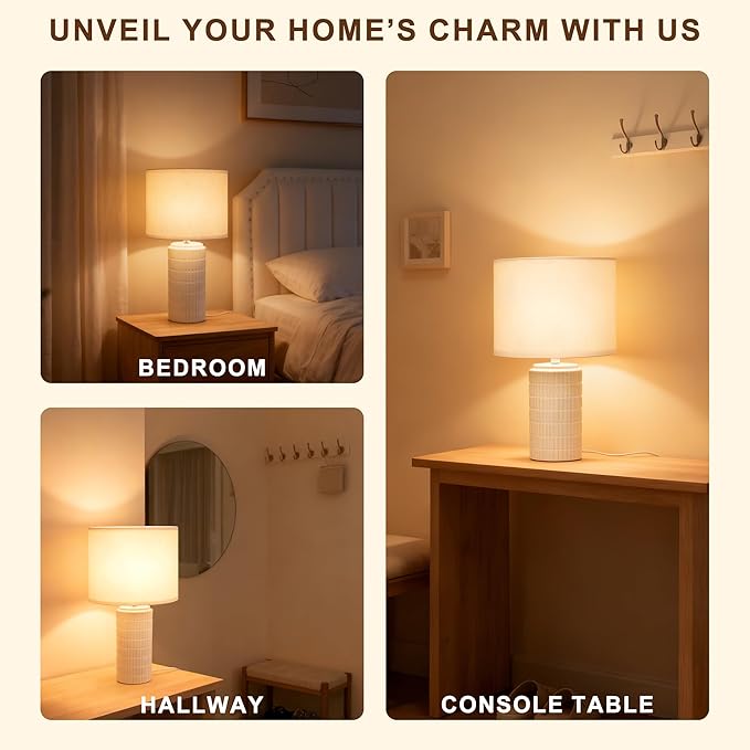 Modern Ceramic Table Lamp，White Bedside Nightstand Lamp for Bedroom Living Room，Farmhouse End Table Lamp, E26 Socket，20 Inch，Desk Lamp for Home Decor，House Warming Gift for Women Mom
