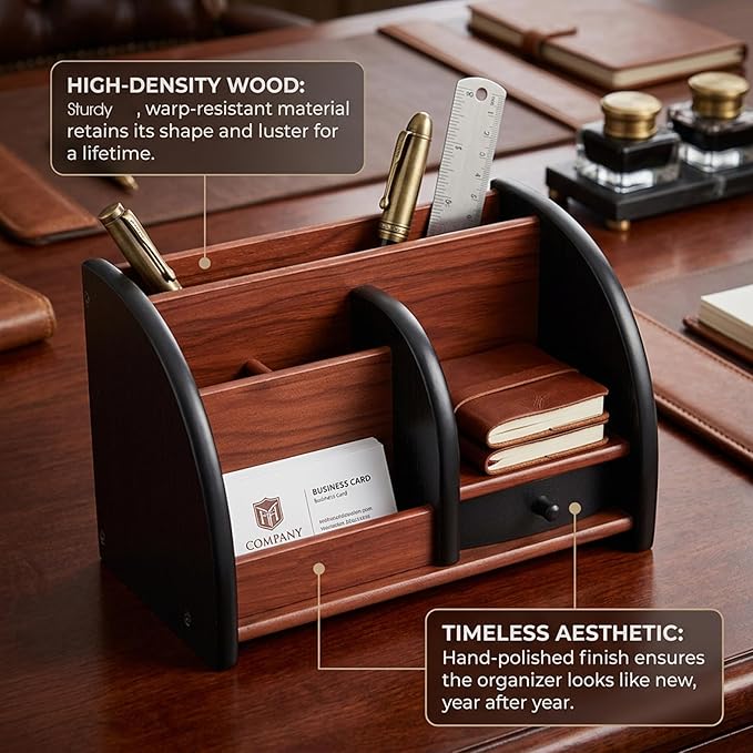 Wood Desk Organizer, Walnut Brown Table Top Organizer, Handcrafted Wooden Desktop Storage for Pens, Office Supplies, and Small Items Wood Desk
