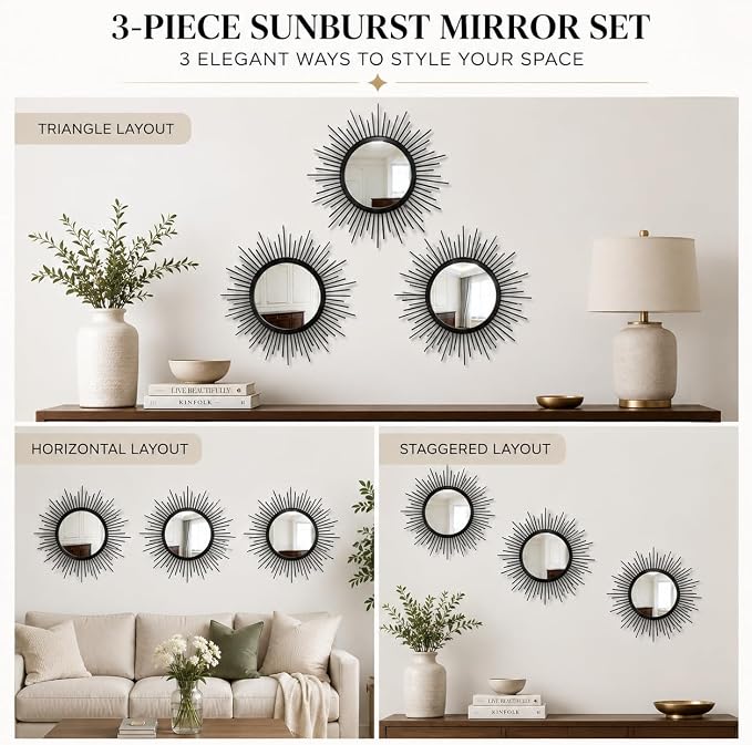 Black Sunburst Mirror Set of 3, 3PCS Metal Round Decorative Wall Mirrors, Starburst Accent Mirror Wall Decor for Living Room, Entryway, Bedroom & Hallway