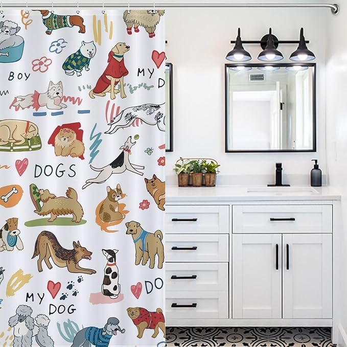 Dog Print Shower Curtain Different Types Cartoon Puppy Dog Pattern Duty Fabric Shower Curtains Set Bathroom Polyester Waterproof with 12 Hooks,72x72Inch（183x183cm）