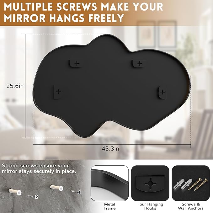 Irregular Wall Mirror, Black Bathroom Wavy Abstract Mirror for Over Sink, Decorative Cloud-Shaped Wall Mirror, Stylish Shatter-Proof HD Mirror for Bedroom, Entryway (26"x43", L, 2 Pack)