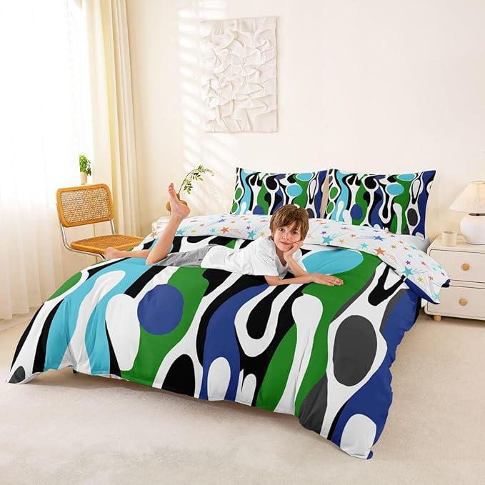 Erosebridal Mid Century Modern Abstract Duvet Cover Set Vintage Geometric Queen Bedding Set for Teenage Boys Contemporary Organic Shapes Comforter Cover Squiggle Blob Bed Sets,Blue Turquoise