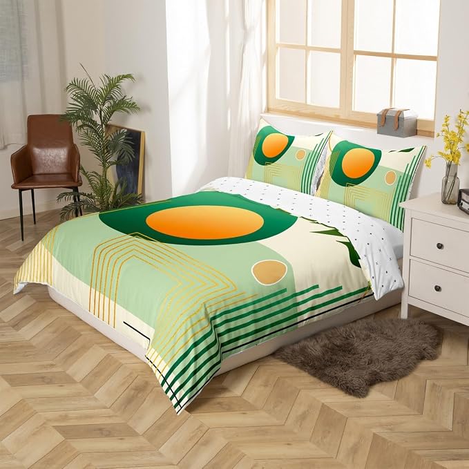 Erosebridal Boho Mid Century Twin Comforter Cover Green and Beige Neutral Modern Duvet Cover Geometric Abstract Bed Set Minimalist Aesthetic Bedding Set