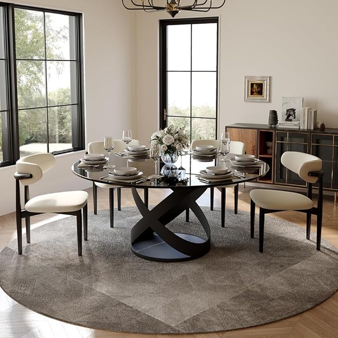 POVISON 59" Modern Round Dining Table, Glass Round Kitchen Table for 6, Tempered Glass Dining Room Table top with Black X Carbon Steel Base (Dining Table Only)