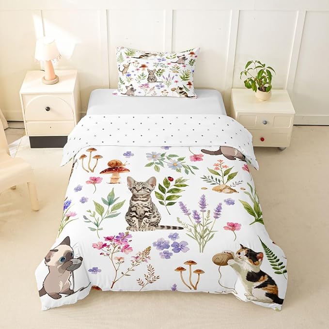 Erosebridal Cute Cat Bedding Set Twin Kitten Cat Lovers Duvet Cover Nature Watercolor Florals Comforter Cover for Kids Girls Boys Adults Pet Animals Bed Set
