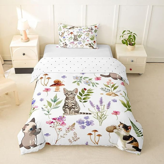 Erosebridal Cute Cat Bedding Set Twin Kitten Cat Lovers Duvet Cover Nature Watercolor Florals Comforter Cover for Kids Girls Boys Adults Pet Animals Bed Set