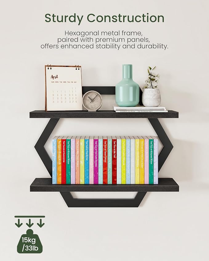 CHOEZON Hexagon Floating Shelves for Wall, Set of 2, 2 -Tier Hanging Shelves, Wall Mounted Storage Shelves, for Living Room, Bedroom, Kitchen, Home Office, Study, Black TBJ06P2BB