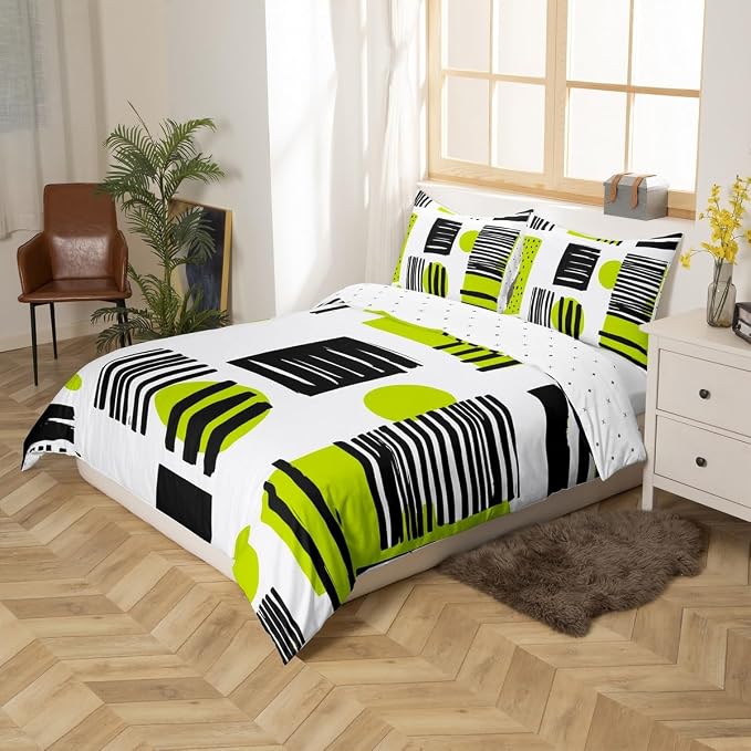 Geometric Stripe Circle Square Bed Set Modern Mid Century Duvet Cover, Hippie Minimalist Bedding Set Full Fifties Retro Old Fashion Comforter Cover, Black Green White Bed Cover (Zipper Closure)