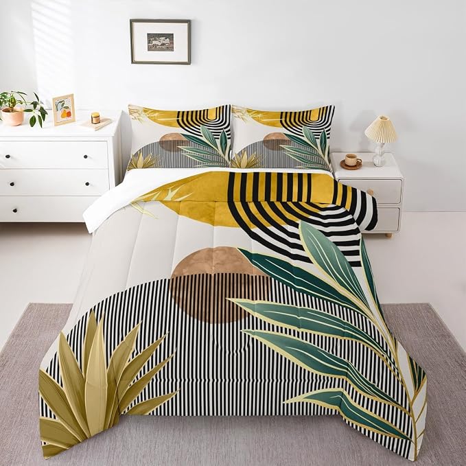 Erosebridal Mid Century Bedding Set Toddler Size Contemporary Bohemian Comforter Set,Modern Abstract Stripes Bedding Comforter Sets Geometric Retro Minimalism Quilt for Boys Girls,Yellow