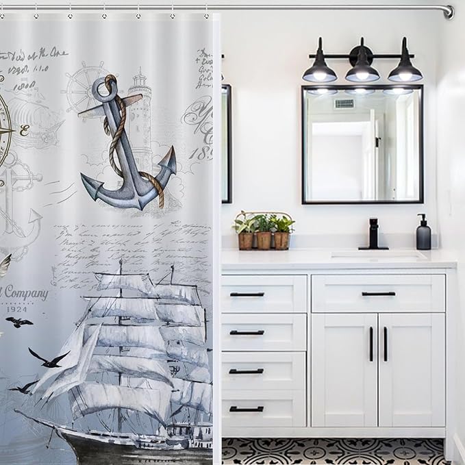 Nautical Shower Curtain,Coastal Lighthouse Compass Anchor Sailboat Bathroom Decor Fabric Waterproof Bathroom Curtain with Hooks,72x84Inch