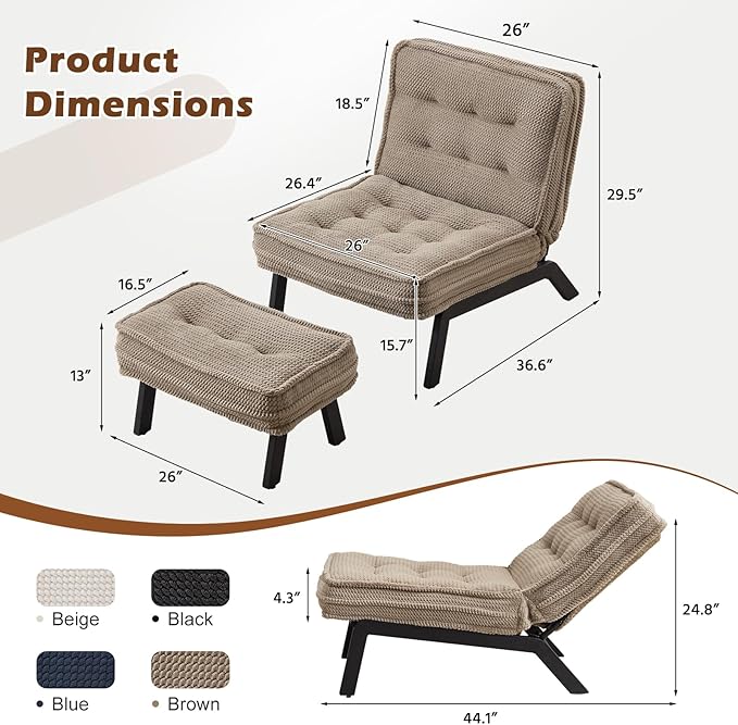 ANJ Accent Chair with Ottoman Adjustable Backrest, Khaki Living Room Chair Tufted Upholstered Lounge Chair with Footrest Set, Modern Chair Cozy Reclining Chair for Reading Room Bedroom