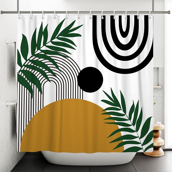 Boho Mid Century Shower Curtain Bohemian Abstract Modern Sun Bathroom Curtain Geometric Arch Curve Leaves Polyester Shower Curtain Sets for Bathroom Extra Long 69x70 in with 12 Hooks