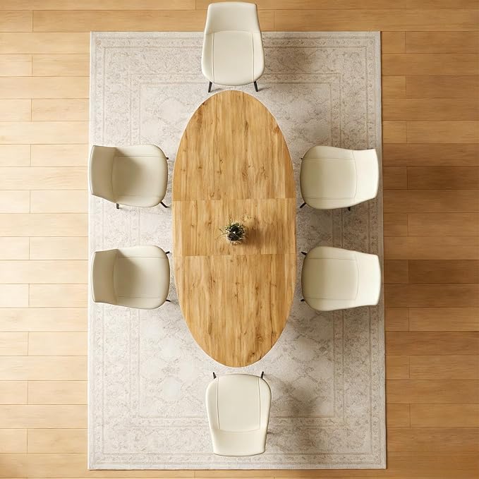63"-78.7" Extendable Round Dining Table Set for 6, 7 Piece Mid Century Modern Oval Kitchen Table Set, Large Dining Table with 6 Dining Chairs for Living Room Space Saving(Walnut Table+6 Beige Chairs)