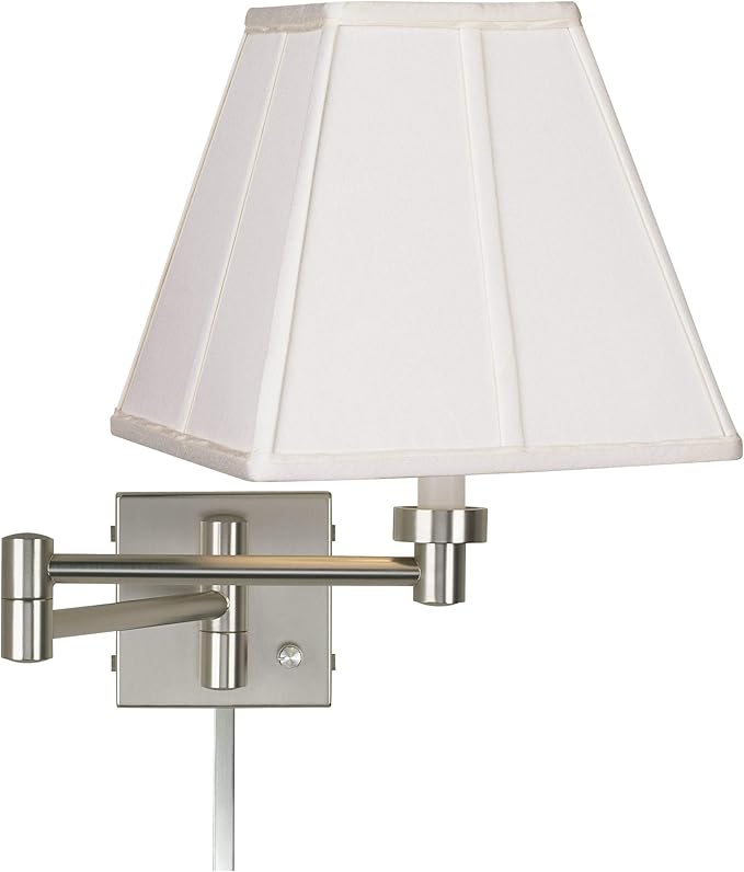 Possini Euro Design Modern Swing Arm Wall Lamp Brushed Nickel Silver Metal Plug-in Light Fixture Ivory Fabric Square Cut Shade for Bedroom Bedside House Reading Living Room Home Hallway Dining