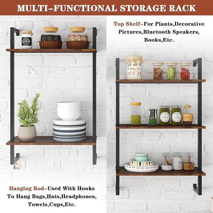 Anwick 3 Tier and 2 Tier Wood Wall Mounted Bookshelf with Metal Frame Wood Hanging Storage Bookcase, Open Storage Rack for Living Room, Home, Office, Bathroom, Bedroom and Plant Flower (black1)