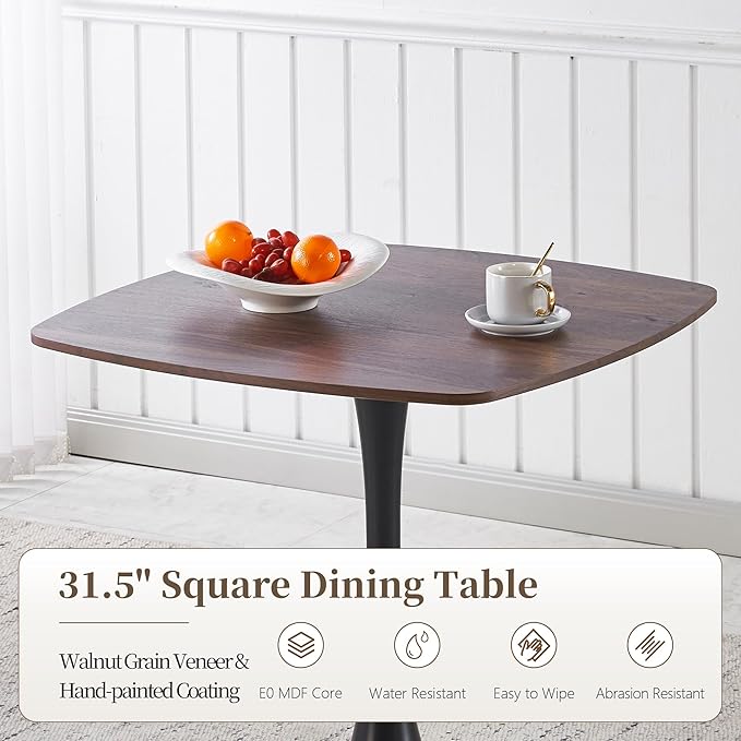 Square Dining Table,31.5" Tulip Table with Metal Pedestal,15-Minute Quick Assembly,Mid Century Modern Leisure Table for Kitchen Small Places Cafe (Faux Walnut)