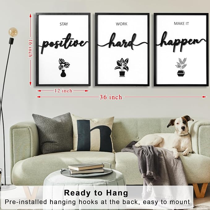 3D Wood Inspirational Wall Art, Framed Motivational Office Wall Decor, Positive Affirmations Wall Decor for Home Office Bedroom Living Room (Ready to Hang, 12x16 Inch, Set of 3, Framed)