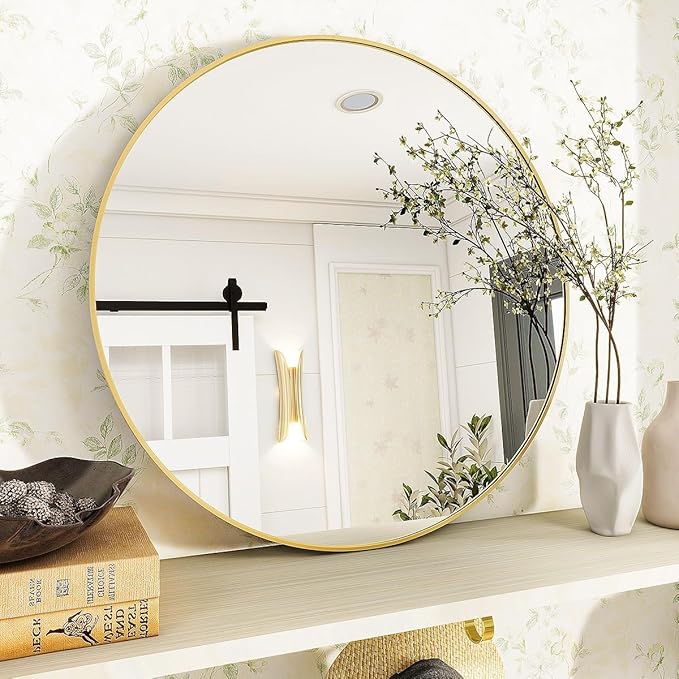 VooBang Gold Round Bathroom Mirror, 24 inch Circle Wall Mounted Hanging Mirror with Simple Modern Circular Metal Frame for Hallway, Entryway, Living Room, Gold Frame
