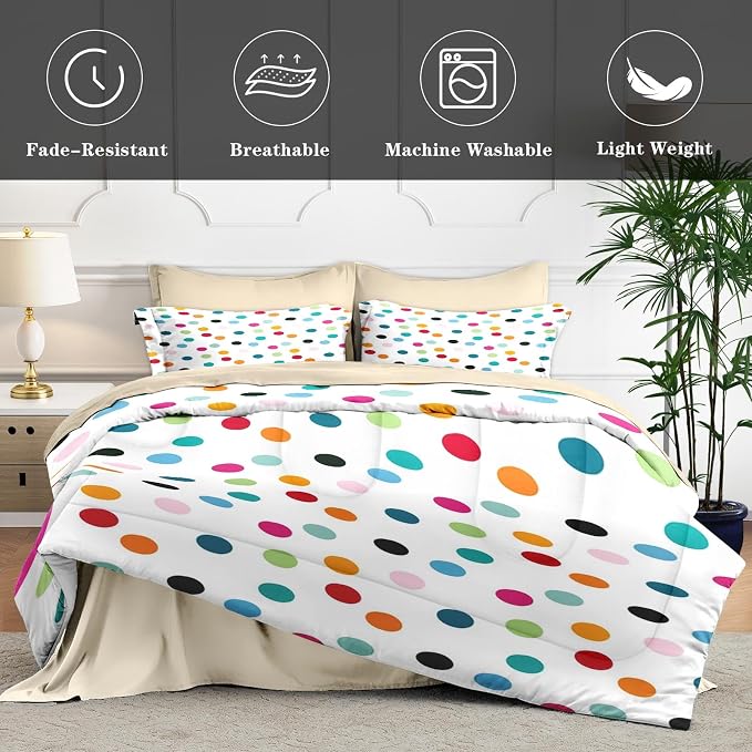 7Pcs Comforter Set Full Size, Fun Colorful Polka Dots, Bedding Decor White Cute Girly Colored Circles Bedroom Bed Set Flat Sheet Fitted Sheet Pillowcases Shams for Kids Adults