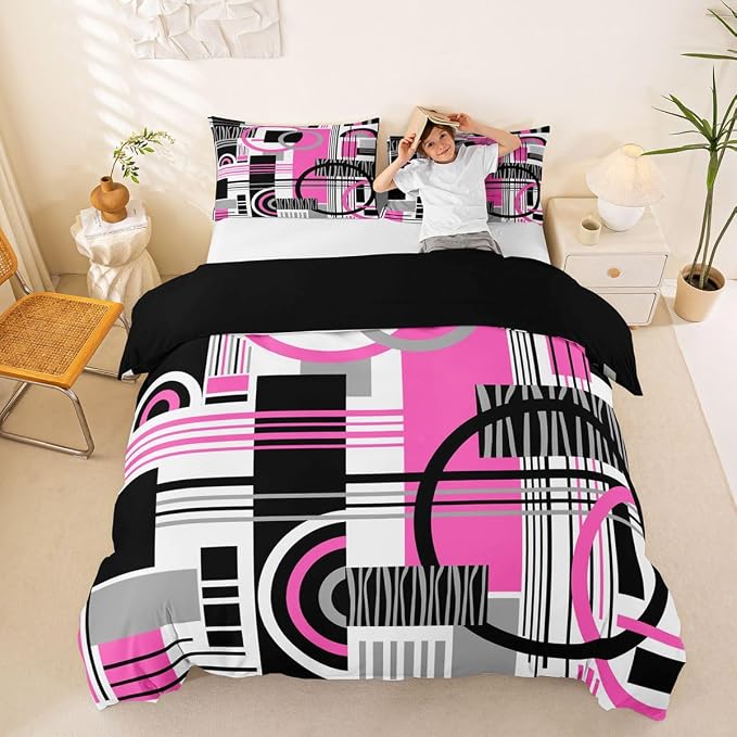 Erosebridal Art Deco Mid Century Duvet Cover Set Retro Modern Abstract Geometric King Bedding Set for Adult Men Black and White Fuchsia Circles Stripes Comforter Cover Contemporary Bed Sets
